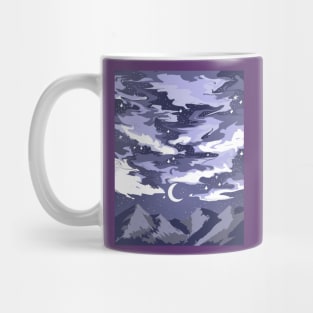 Purple cloudy sky above mountains with a crescent moon Mug